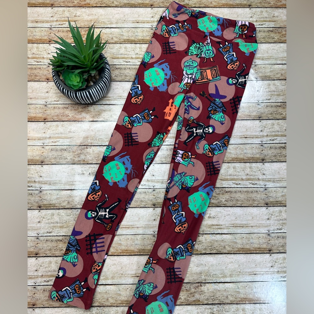 Vintage Trick or Treaters Maroon Kids Leggings (L/XL LuLaRoe LLR 8-14) Halloween